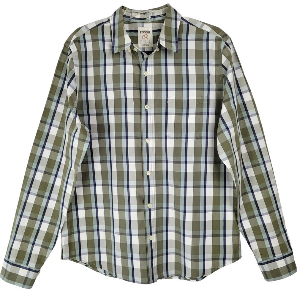 Fossil 54 Men's L Shirt Button Down Long Sleeve Pockets Blue Green Plaid Cotton